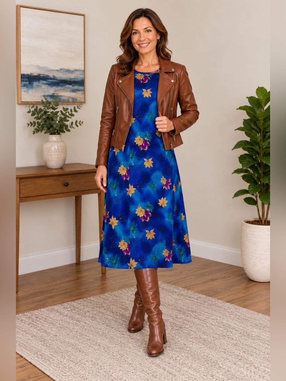 Vintage Bedford Fair Blue Leaf Print Midi Sheath Dress 10P Fall Classic Sheath